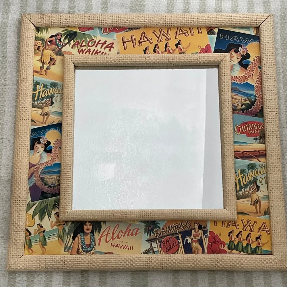 VTG Style Mirror raffia-textured frame Hawaiian Decor Tropical Tiki Bar Boho D